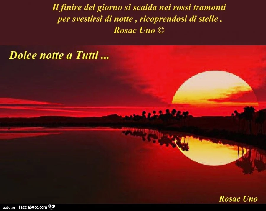 Il finire del giorno si scalda nei rossi tramonti per svestirsi di notte, ricoprendosi di stelle. Dolce notte a tutti