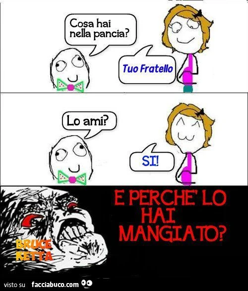 cosa hai nella pancia? tuo fratello. Lo ami? si. e allora perchè lo hai mangiato? meme