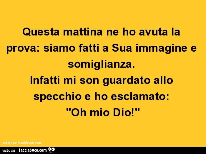 Questa mattina ne ho avuta la prova: siamo fatti a sua immagine e somiglianza. Infatti mi son guardato allo specchio e ho esclamato: "oh mio dio!"