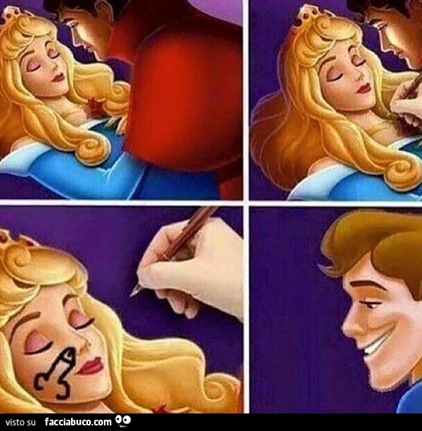 La bella addormentata. Aurora dorme e il principe le disegna un pene sul viso