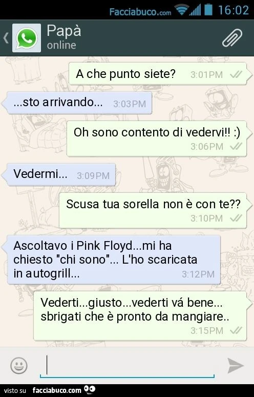 A che punto siete? &hellip;sto arrivando&hellip; Oh sono contento di vedervi! :). Vedermi&hellip; Scusa tua sorella non è con te? Ascoltavo i Pink Floyd&hellip;mi ha chiesto "chi sono"&hellip; L'ho scaricata in autogrill&hellip; Vederti&hel