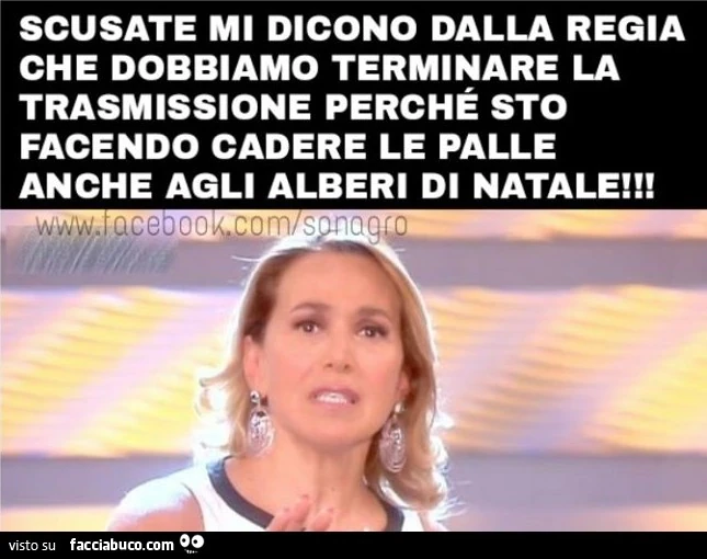 Scusate ma mi dicono dalla regia che dobbiamo terminare la trasmissione perché sto facendo cadere le palle anche agli alberi di Natale