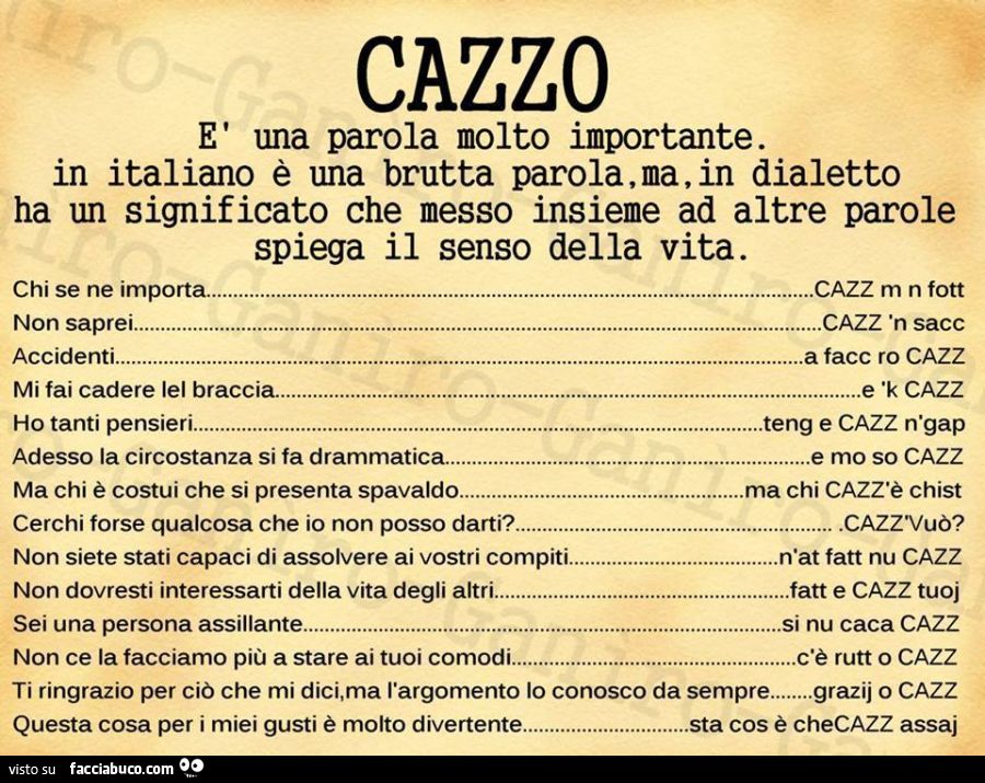 Cazzo è una parola molto importante. In Italiano è una brutta parola, ma in dialetto ha un significato che messo insieme ad altre parole spiega il senso della vita