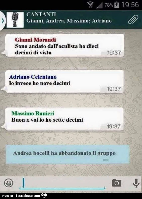 Cantanti. Gianni Morandi: sono andato dall'oculista ho dieci decimi di vista. Adriano Celentano: io invece ho nove decimi. Massimo Ranieri: buon x voi io ho sette decimi. Andrea Bocelli ha abbandonato il gruppo