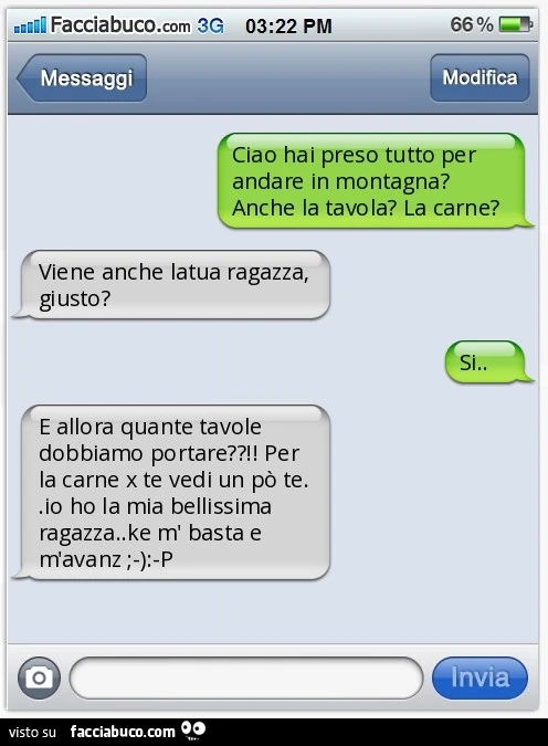 Ciao hai preso tutto per andare in montagna? Anche la tavola? La carne? Viene anche latua ragazza, giusto? Si. E allora quante tavole dobbiamo portare?! Per la carne x te vedi un po' te.Io ho la mia bellissima ragazza.Ke m' basta e m'avanz 
