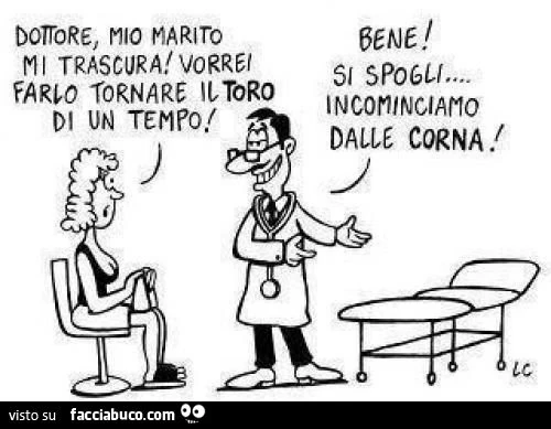 Dottore, mio marito mi trascura, vorrei farlo tornare il toro di un tempo. Bene si spogli, iniziamo dalle corna