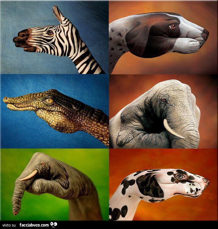 mani pitturate per assomigliare a vari animali cane zebra elefante coccodrillo