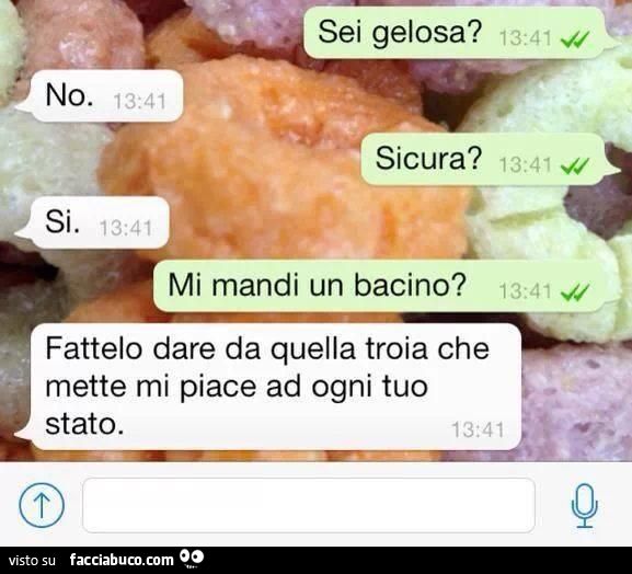 Sei gelosa? No. Sicura? Si. Mi mandi un bacino? Fattelo dare da quella troia che mette mi piace ad ogni tuo stato