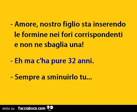 Amore, nostro figlio sta inserendo le formine nei fori corrispondenti e non ne sbaglia una! Eh ma c'ha pure 32 anni. Sempre a sminuirlo tu