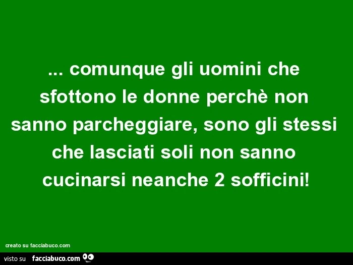 Comunque gli uomini che sfottono le donne perchè non sanno parcheggiare, sono gli stessi che lasciati soli non sanno cucinarsi neanche 2 sofficini