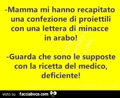 Mamma mi hanno recapitato una confezione di proiettili con una lettera di minacce in arabo! Guarda che sono le supposte con la ricetta del medico, deficiente