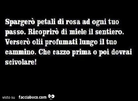 Spargerò petali di rosa ad ogni tuo passo. Ricoprirò di miele il sentiero. Verserò oli profumati lungo il tuo cammino. Che cazzo, prima o poi dovrai scivolare