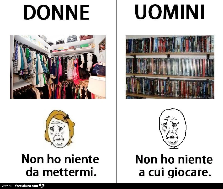 donne non ho niente da mettermi uomini non ho niente a cui giocare meme