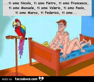 Il pappagallo svela gli altarini: ti amo Nicola, ti amo Pietro, ti amo Francesco