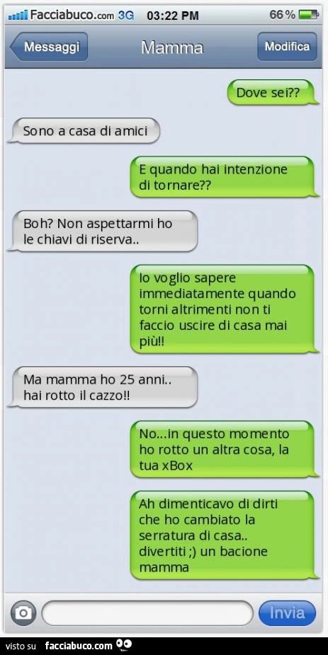 Dove sei?? Sono a casa di amici. E quando hai intenzione di tornare?? Boh? Non aspettarmi ho le chiavi di riserva.. Io voglio sapere immediatamente quando torni altrimenti non ti faccio uscire di casa