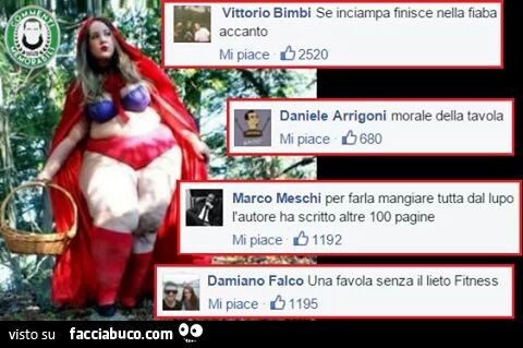 Ragazza grassa vestita da Cappuccetto Rosso. Se inciampa finisce nella fiaba accanto. Morale della tavola. Una favola senza lieto fitness