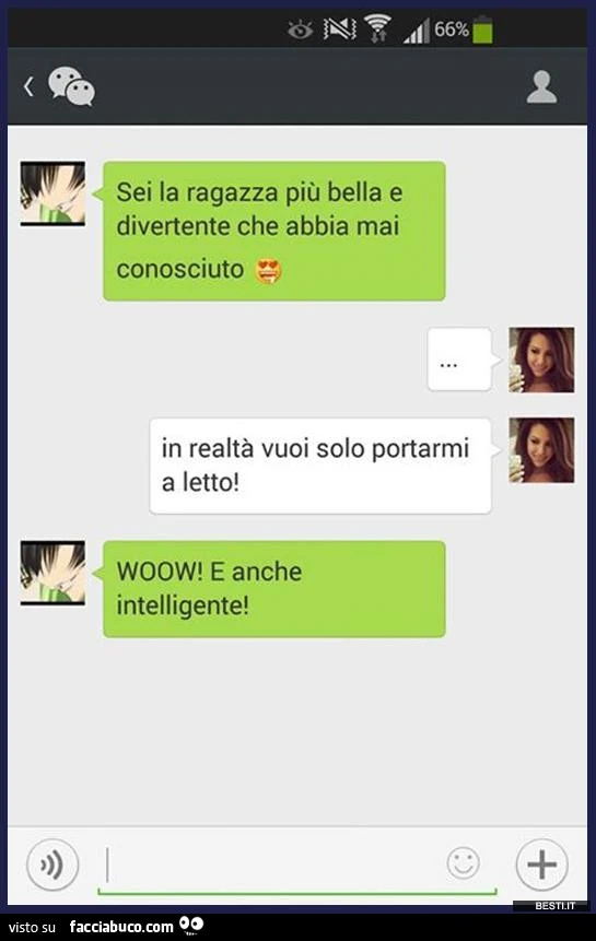 Sei la ragazza più bella e divertente che abbia mai conosciuto. In realtà vuoi solo portarmi a letto. Wow e anche intelligente