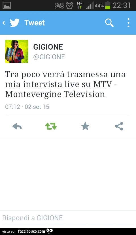 Tweer Gigione: Tra poco verrร trasmessa una mia intervista live su MTV - Montevergine Television