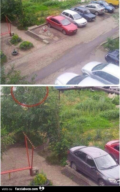 La bicicletta occupa un parcheggio. La bicicletta finisce sull'albero