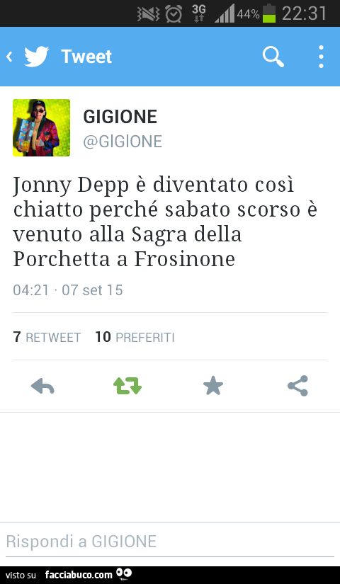 Tweer Gigione: Jonny Depp è diventato così chiatto perchè Sabato scorso è venuto alla sagra della porchetta a Frosinone