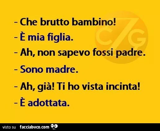 Che brutto bambino! E' mia figlia. Ah, non sapevo fossi padre. Sono madre. Ah, già ti ho vista incinta! E' adottata