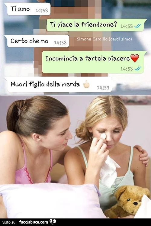 Ti amo. Ti piace la friendzone? Certo che no. Incomincia a fartela piacere. Muori figlio della merda