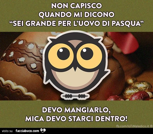 non capisco quando mi dicono sei grande per l'uovo di pasqua... devo mangiarlo mica starci dentro