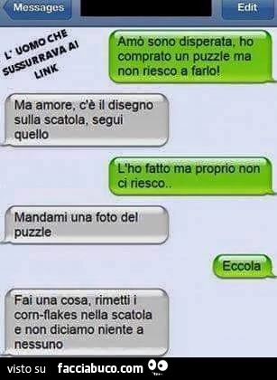 Amò sono disperata, ho comprato un puzzle ma non riesco a farlo! Ma amore, c'è il disegno sulla scatola, segui quello. L'ho fatto ma proprio non riesco. Mandami una foto del puzzle. Eccola. Fai una cosa, rimetti i corn- flakes nella scatola e no