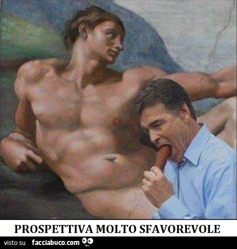 Prospettiva molto sfavorevole. Uomo mangia involtino davanti il dipinto la creazione di Adamo. Sembra un pene