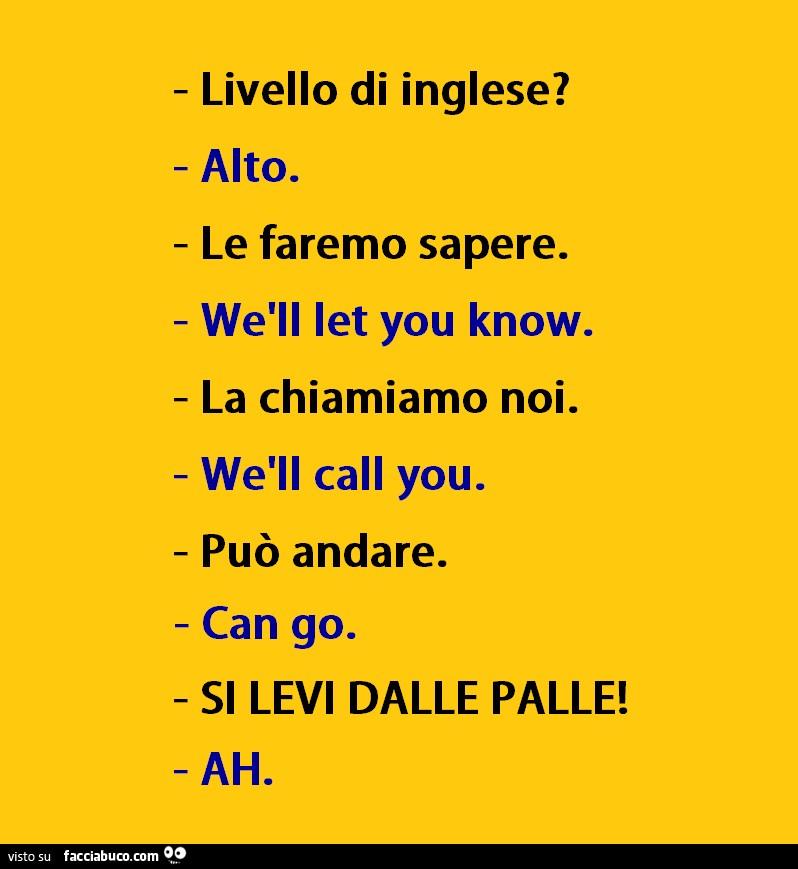 Livello di inglese? Alto. Le faremo sapere. Wè'll let you know. La chiamiamo noi. Wèll call you. Può andare. Can go. Si levi dalle balle! Ah