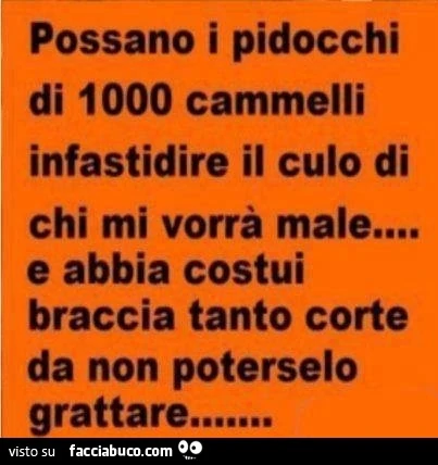 Possano i pidocchi di 1000 cammelli infastidire il culo di chi mi vorrà male, e abbia costui braccia tanto corte da non poterselo grattare
