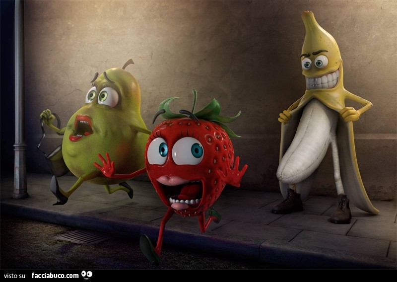 La banana maniaca mette in fuga la fragolina e la pera