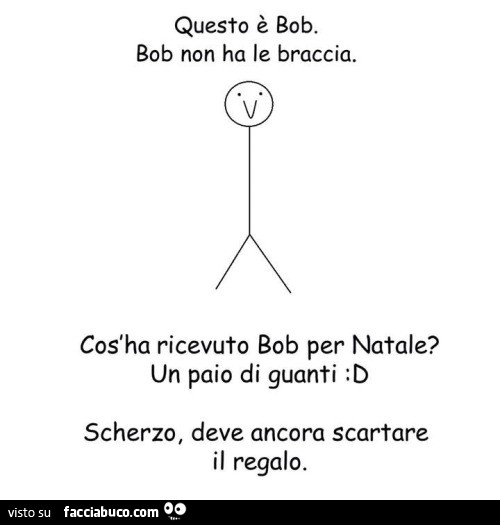 Questo è Bob, Bob non ha le braccia. Cos'ha ricevuto Bob per Natale? Un paio di guanti. Scherzo, deve ancora scartare il regalo
