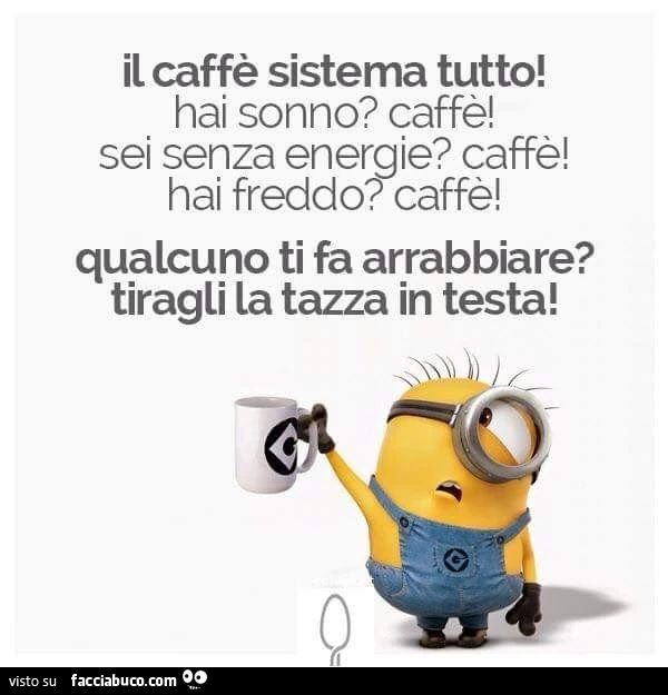 Il caffè sistema tutto! Hai sonno? caffè! Sei senza energie? caffè! Hai freddo? caffè! Qualcuno ti fa arrabbiare? Tiragli la tazza in testa