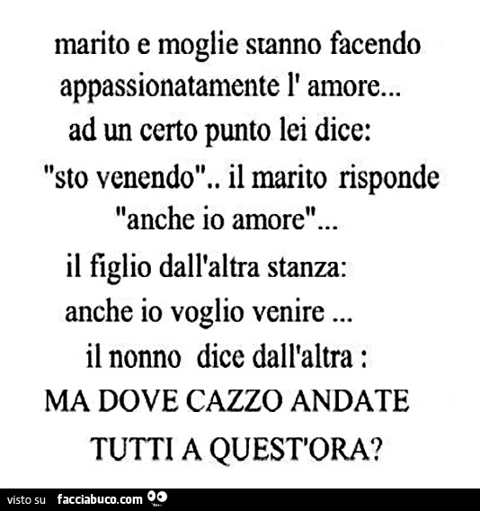 Marito e moglie stanno facendo appassionatamente l'amore, ad un certo punto lei dice: sto venendo, il marito risponde