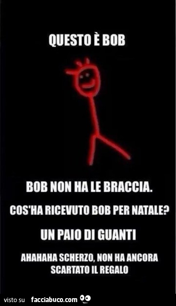 Questo è bob, bob non ha le braccia. Cos'ha ricevuto bob per natale? Un paio di guanti. Ahahaha scherzo, non ha ancora scartato il regalo