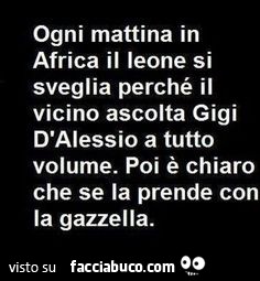 Ogni mattina in Africa il leone si sveglia perchè il vicino ascolta Gigi D'Alessio a tutto volume. Poi è chiaro che se la prende con la gazzella