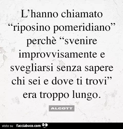 L'hanno chiamato riposino pomeridiano perchè svenire improvvisamente e svegliarsi senza sapere chi sei e dove ti trovi era troppo lungo
