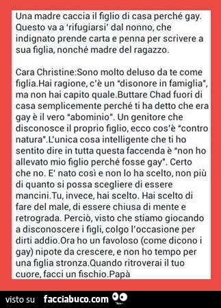 Una madre caccia il figlio di casa perchè gay. Questo va a rifugiarsi dal nonno che indignato prende carta e penna per scrivere a sua figlia