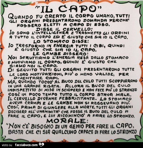 Il capo: quando fu creato il corpo umano, tutti gli organi presentarono domanda perchè fossero eletti a capo di esso