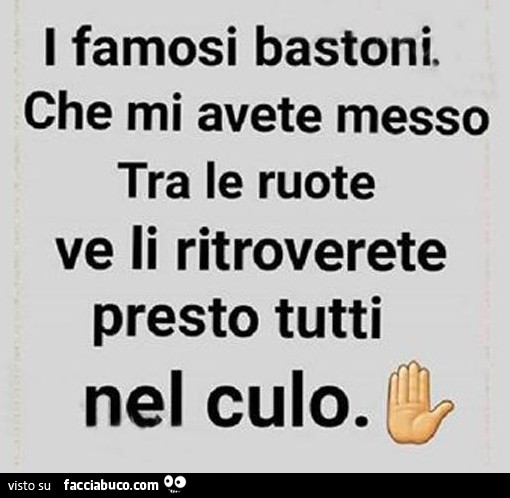 I famosi bastoni che mi avete messo tra le ruote, ve li ritroverete presto tutti nel culo