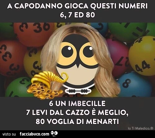 A Capodanno gioca questi numeri, 6, 7 ed 80. 6 un imbecille, 7 levi del cazzo è meglio, 80 voglia di menarti