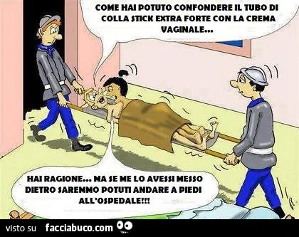 Come hai potuto confondere il tubo di colla stick extra forte con la crema vaginale. Hai ragione ma se me lo avessi messo dietro saremmo potuti andare a piedi all'ospedale