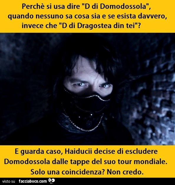 Perchè si usa dire "D di Domodossola", quando nessuna sa cosa sia e se esista davvero, invece che "D di Dragostea din tei?" E guarda caso, Haiducii decise di escludere Domodossola dalle tappe del suo tour mondiale. Solo una coincidenza