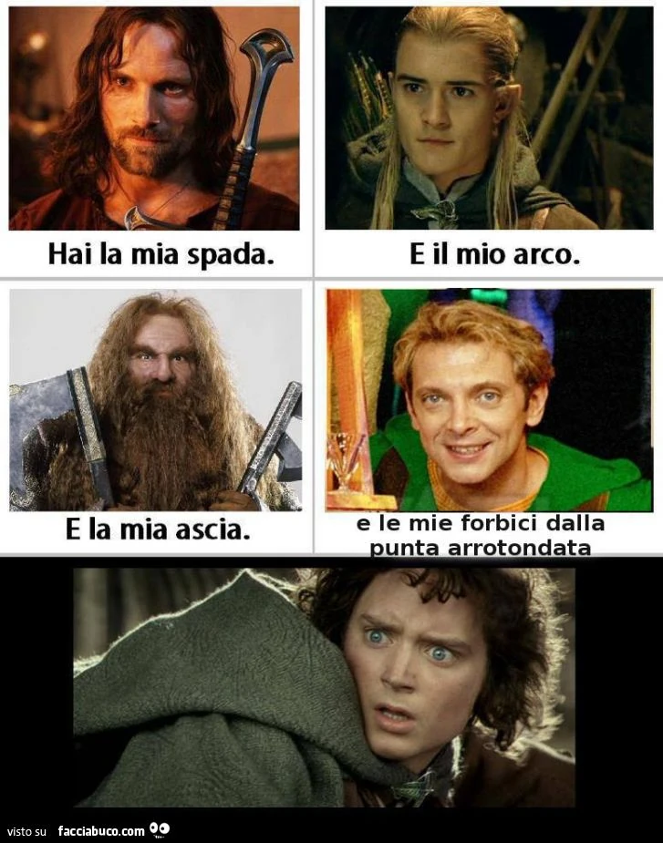 Hai la mia spada, il mio arco, la mia ascia e le mie forbici dalla punta arrotondata