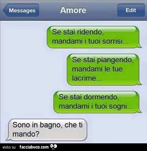 Se stai ridendo, mandami i tuoi sorrisi&hellip; Se stai piangendo, mandami le tue lacrime&hellip; Se stai dormendo, mandami i tuoi sogni&hellip; Sono in bagno, che ti mando?