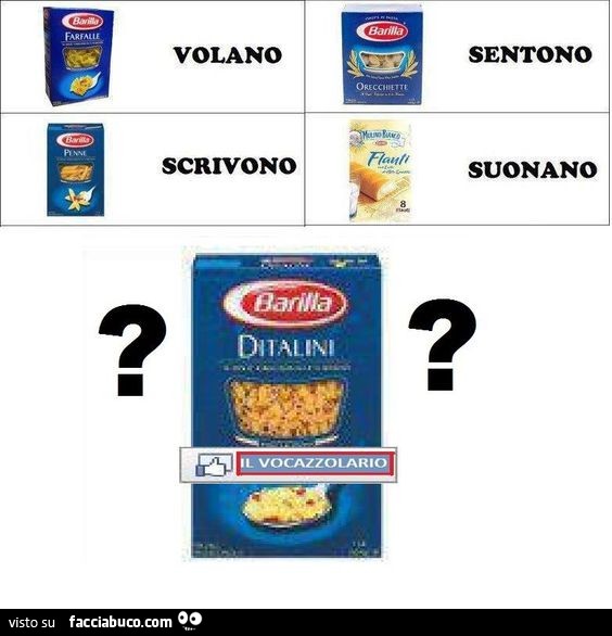 Barilla. Farfalle volano. Orecchiette sentono. Penne scrivono. Flauti suonano. Ditalini?