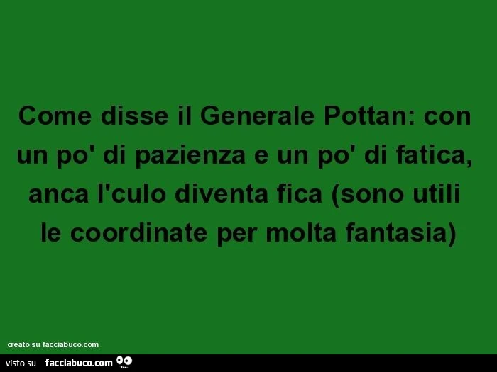 Come disse il generale pottan: con un po' di pazienza e un po' di fatica, anca l'culo diventa fica (sono utili le coordinate per molta fantasia)