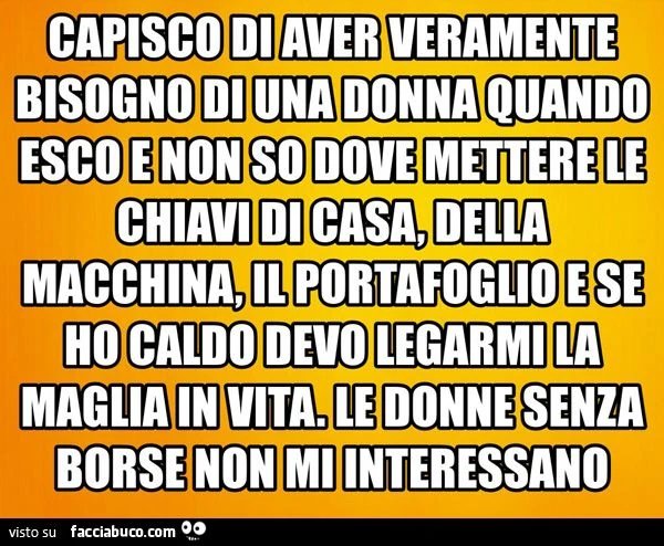capisco di avere veramente bisogno di una donna quando esco e non so dove mettere le chiavi. le donne senza borsa non mi interessano