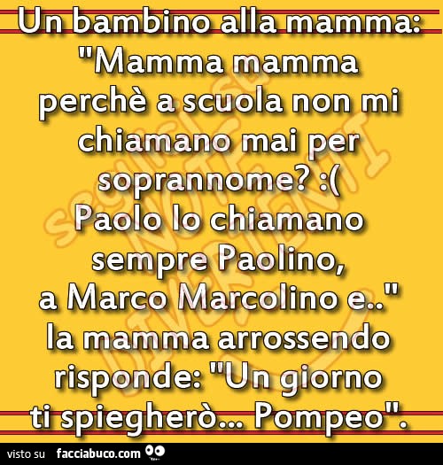 Un bambino alla mamma: perchè a scuola non mi chiamano mai per soprannome? Un giorno ti spiegherò Pompeo